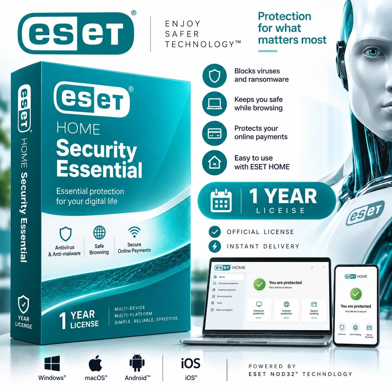 ESET HOME Security Essential 1 Year License - Digital Activation Key - Antivirus Protection