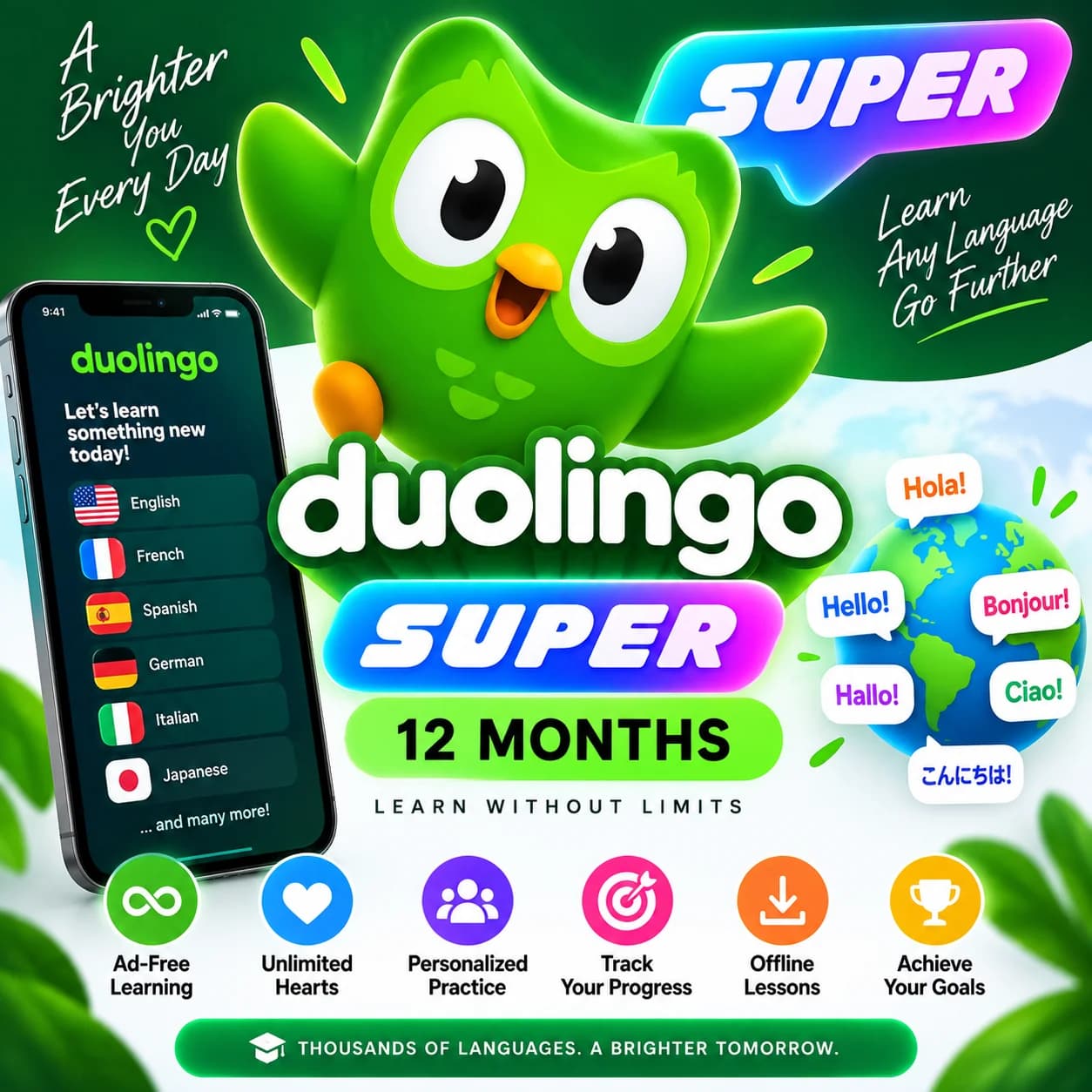 Super Duolingo 12 Months - 1 Year Premium Language Learning Access