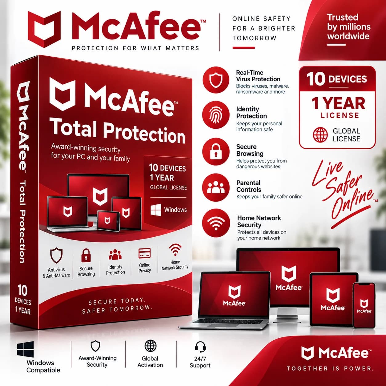 McAfee Total Protection 1 Year - 10 Devices - Global Windows License - Digital Activation