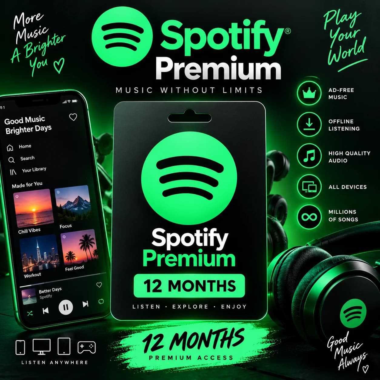 Spotify Premium 12 Month Subscription - 1 Year Digital Access — music streaming